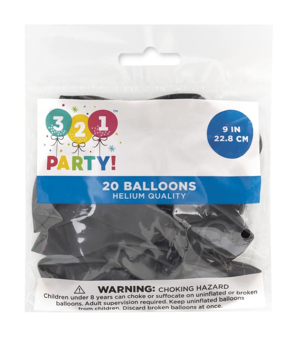 321 Party Helium-Quality Latex Balloons Black 9-Inch 20 Ct
