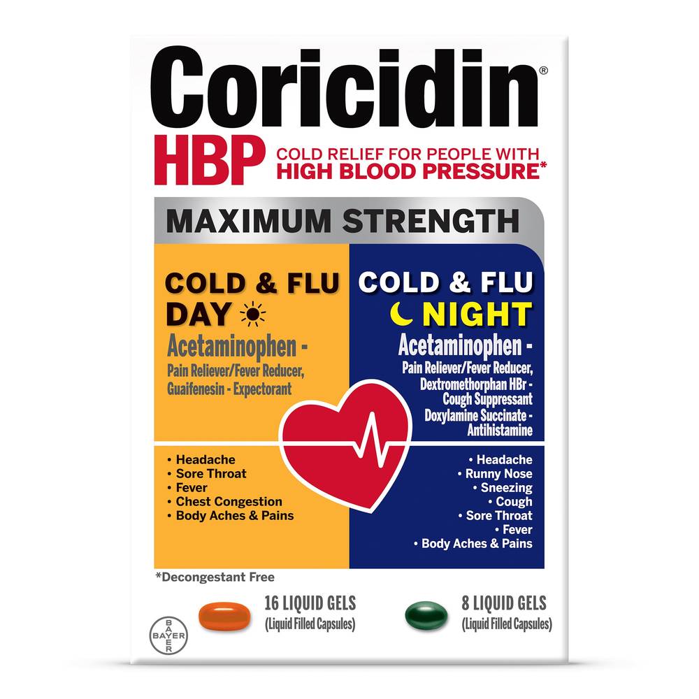 Coricidin Hbp, Maximum Strength Cold & Flu Day+Night Liquid Gels, 24 Ct