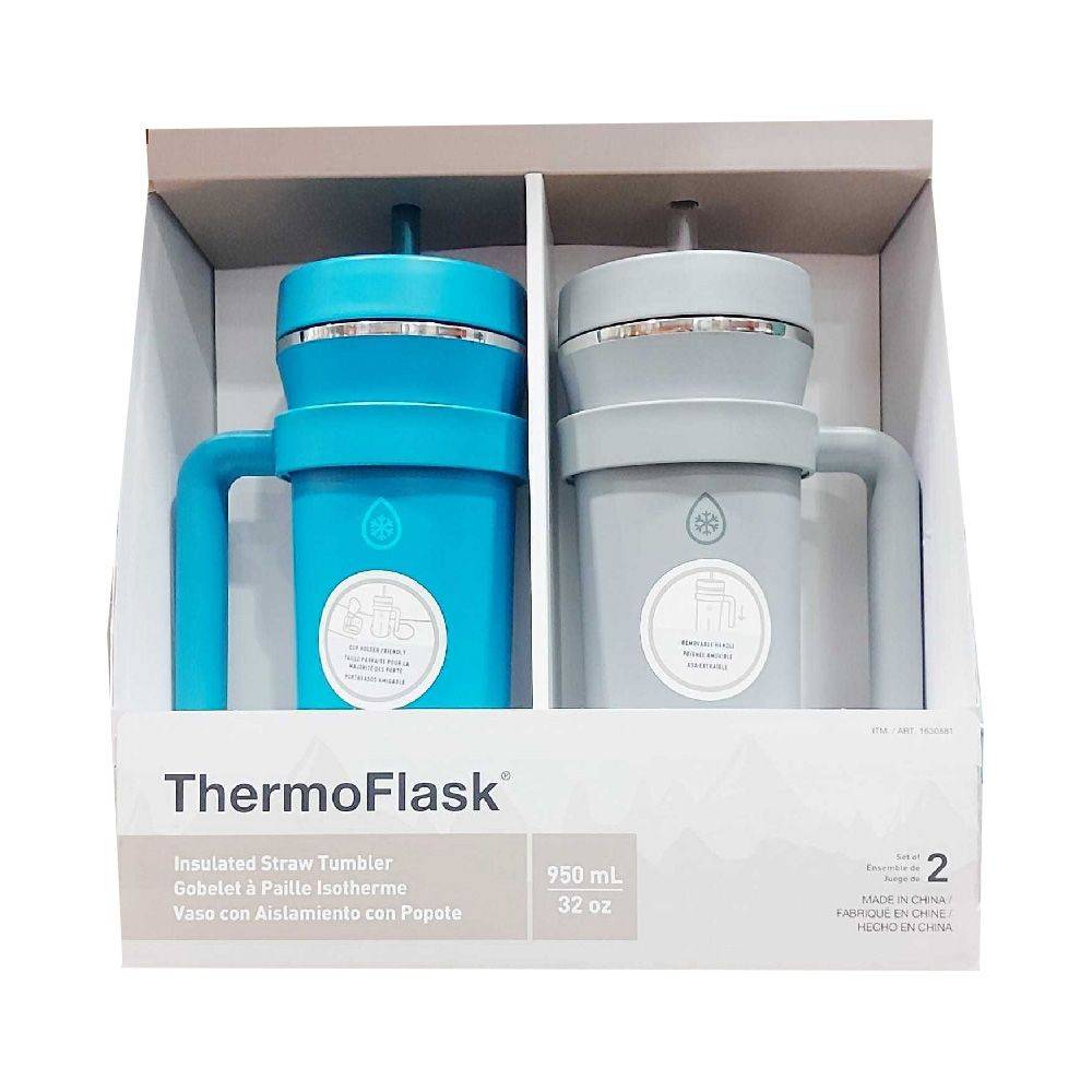 ThermoFlash vaso con aislamiento con popote (2 un) (Azul - Gris)