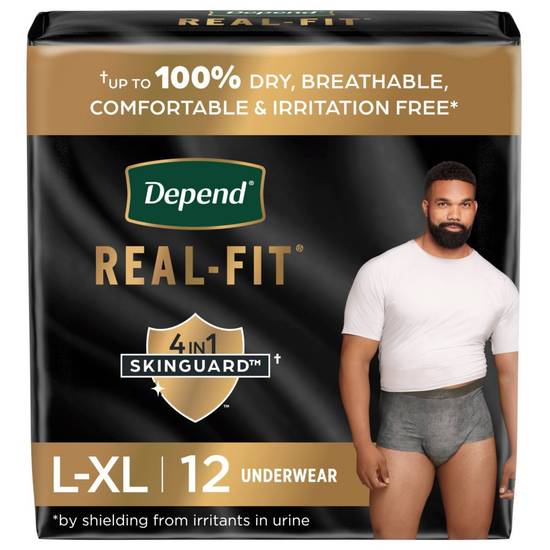 Depend Real Fit Incontinence Underwear for Men Maximum Absorbency, L/XL, Black & Grey, 12 CT