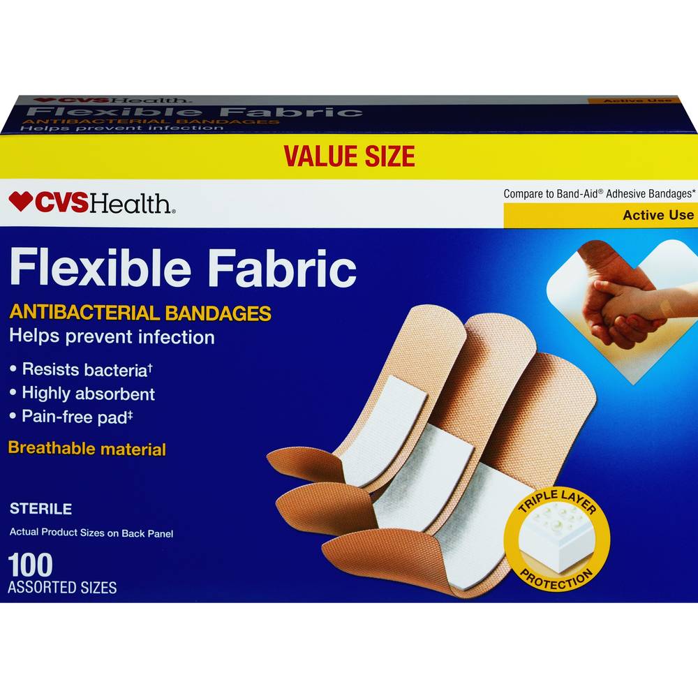 CVS Health Flexible Fabric Anti-Bacterial Bandages, Assorted Sizes, 100 CT