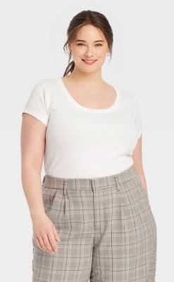 Women's Slim Fit Short Sleeve Ribbed Scoopneck T-Shirt - A New Day™ White XXL: Cotton Modal Blend, Pullover Knit Top