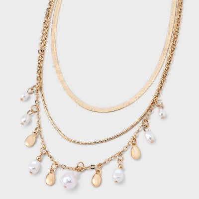 A New Day Pearl Charm Multi-Strand Necklace, 16 in, Gold-Ivory