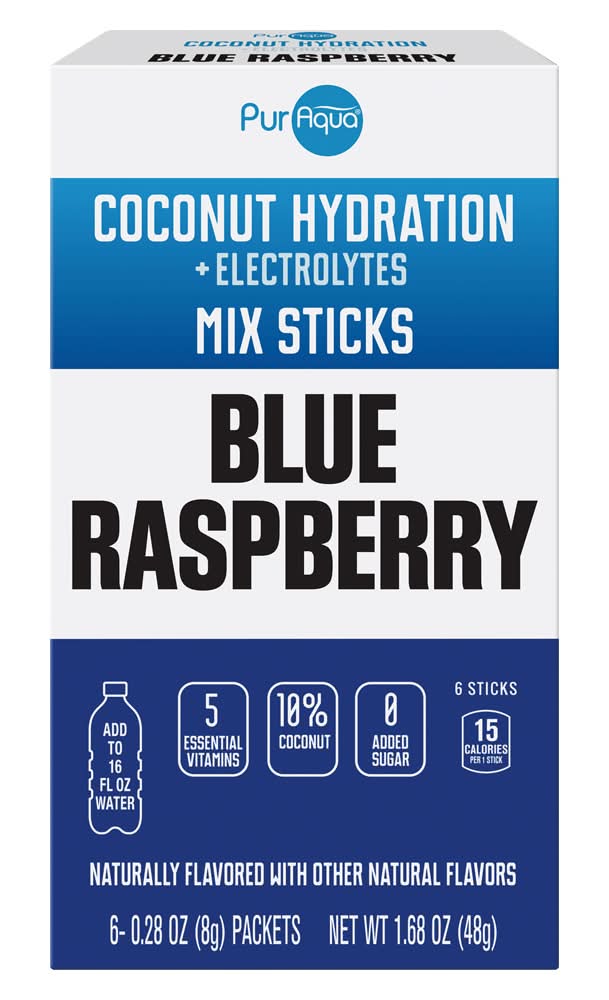 PurAqua Coconut Hydration Electrolytes Mix Sticks, Blue Raspberry (6 x 0.28 oz)