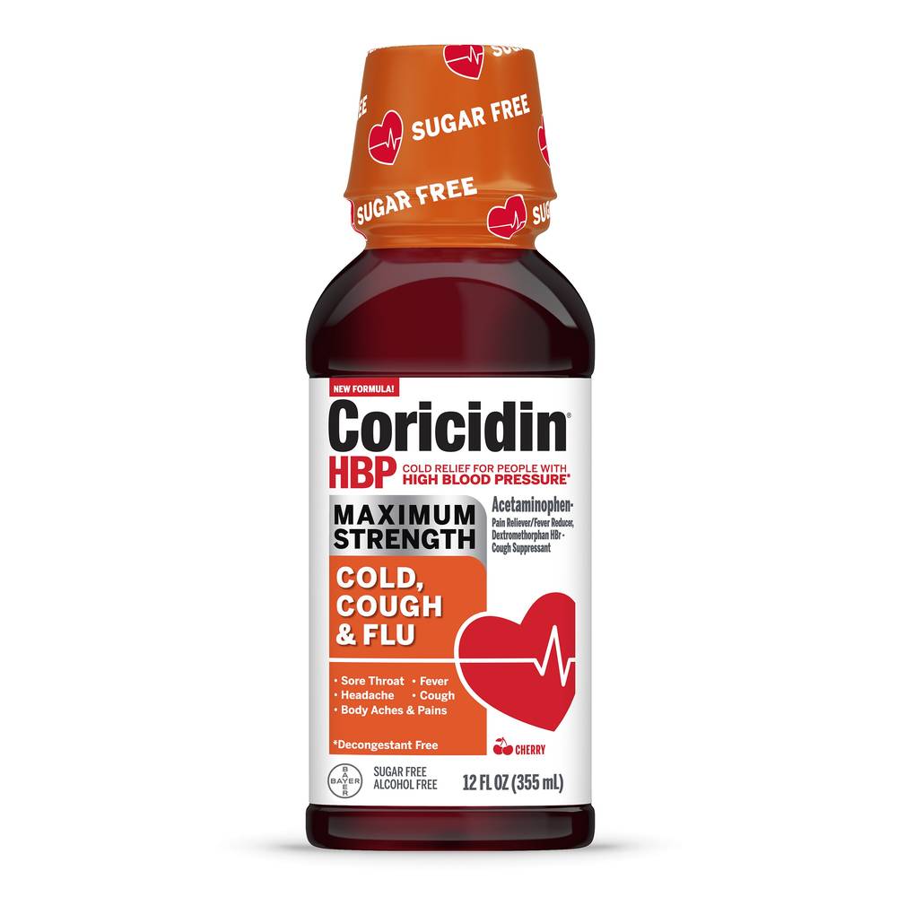 Coricidin HBP Maximum Strength Cold, Cough & Flu Liquid, 12 OZ