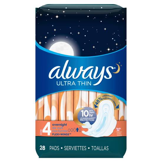 ALWAYS Ultra Thin Size 4 Overnight Pads With Wings Unscented, 28 Count