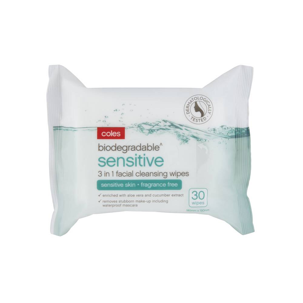 Coles Biodegradable Sensitive 3 in 1 Facial Cleansing Wipes 30 pack