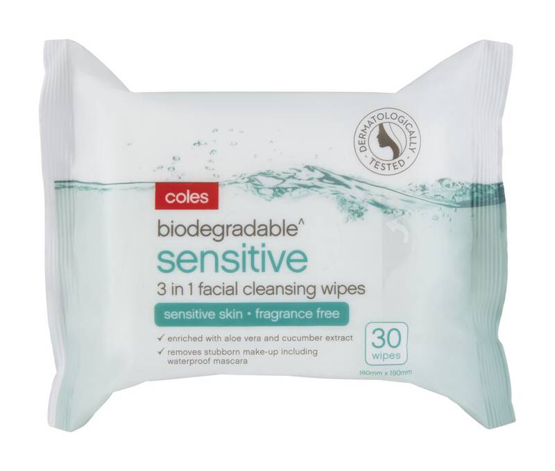 Coles Biodegradable Sensitive 3 in 1 Facial Cleansing Wipes (30 pack)