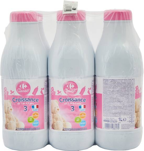 Carrefour Classic' - Lait bébé liquide croissance 3 de 1 à 3 ans (6 pièces, 6 L)