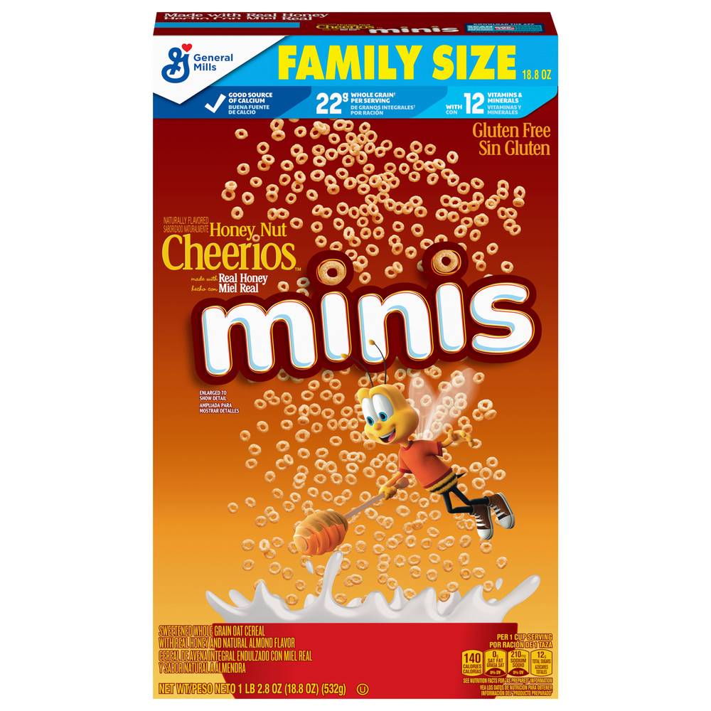 Cheerios Minis Breakfast Cereal, Made With, Family Size (honey nut whole grains)