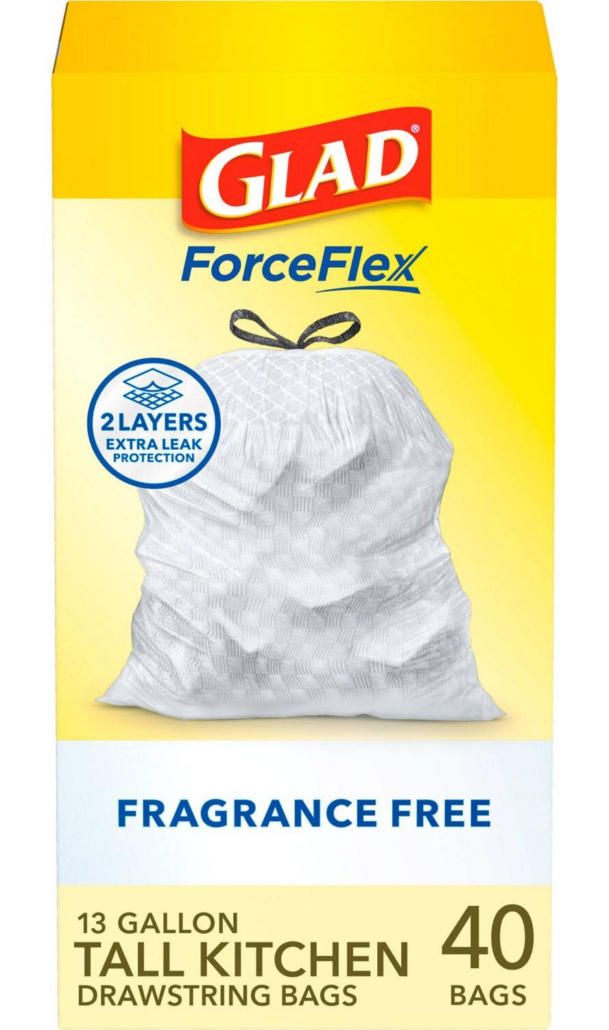 Glad Forceflex Tall Kitchen Drawstring Trash Bags, 13 Gal, Fragrance Free, 40 Ct