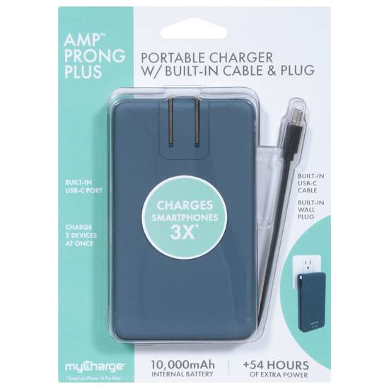 Mycharge Amp Prong Plus Portable Charger With Built-In Cable & Plug