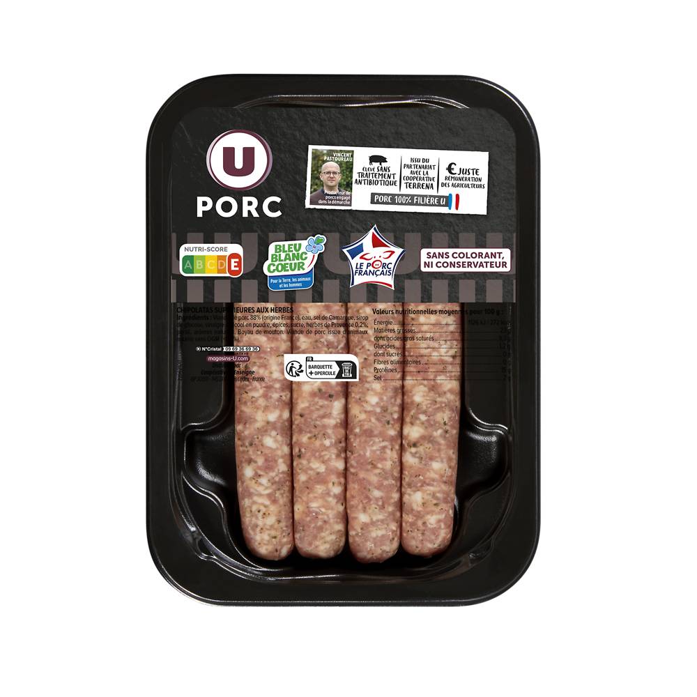 Les Produits U - Chipolata sans colorant aux herbes barquette (220g)