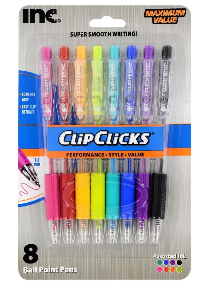 Inc. Clip Clicks Ball Point Pens, Assorted (8 ct)
