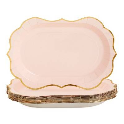 Sparkle and Bash 24 Pack Pink Scalloped Paper Plates, Disposable Serving Trays Platters, Wedding Birthday Party Supplies