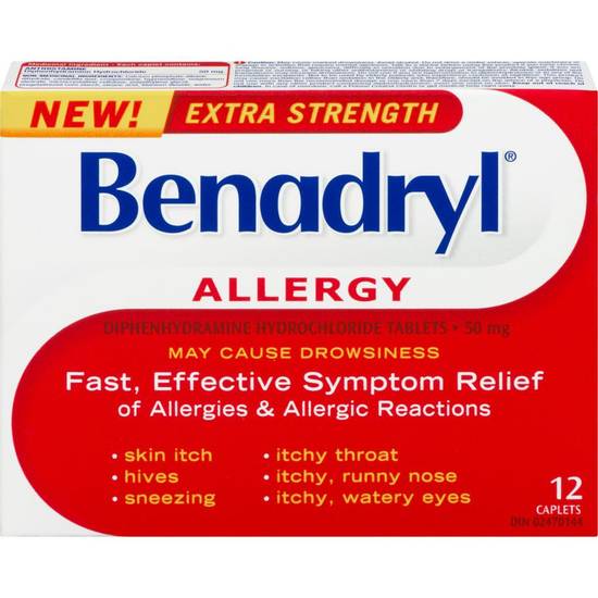 Benadryl Diphenhydramine Hydrochloride Tablets 50 mg Allergy Extra Strength 12 Caplets (12 ea)