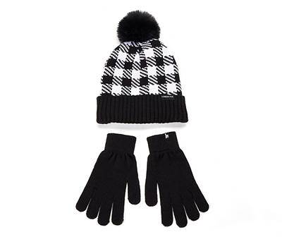 White & Black Buffalo Check Pom-Pom Beanie & Gloves Set