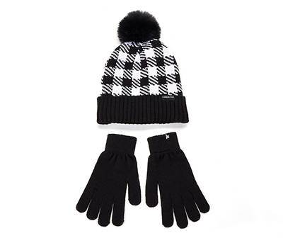 Buffalo Check Pom-Pom Beanie & Gloves Set, White - Black