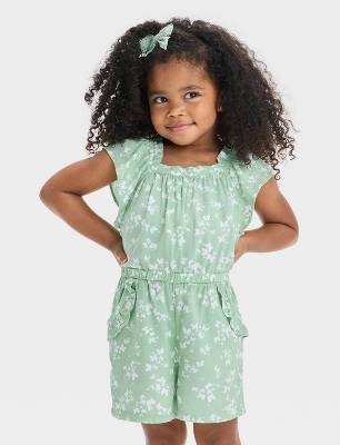 Toddler Girls' Butterfly Romper - Cat & Jack™ Light   2T: Short Sleeve, Elastic Strap, Crotch Snap, Machine Washable