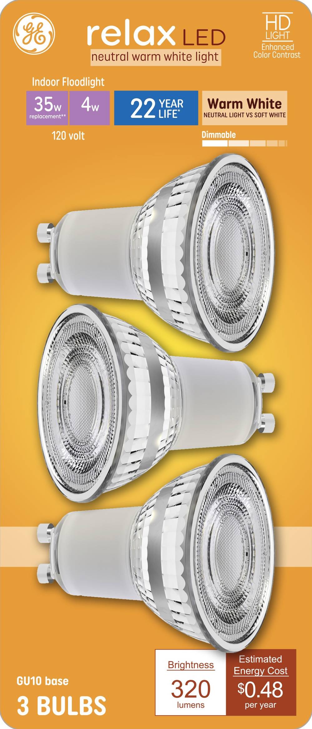 GE Relax 35 -Watt EQ PAR16 Warm white GU10 pin base Dimmable LED General purpose Light Bulb 3 -Pack | 93130834