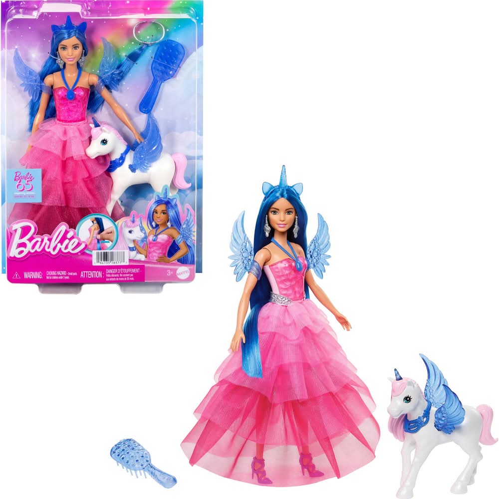 Barbie Unicorn Toy 65th Anniversary Doll With Blue Hair Pink Gown & Pet Alicorn