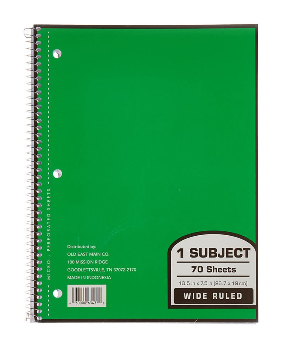 OfficeHub 1 Subject Wide Ruled Spiral Notebook, 10.5x7.5 in, Black (70 ct)