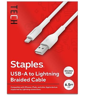 Staples TECH Lightning to USB-A Charging Cable, 6.6 ft., White (ST62331)