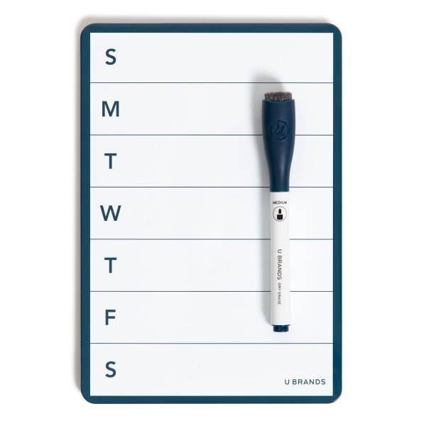 U Brands® Magnetic Polypropylene Weekly Dry-Erase Calendar Board, 5-1/2" x 8", White/Dark Indigo Frame