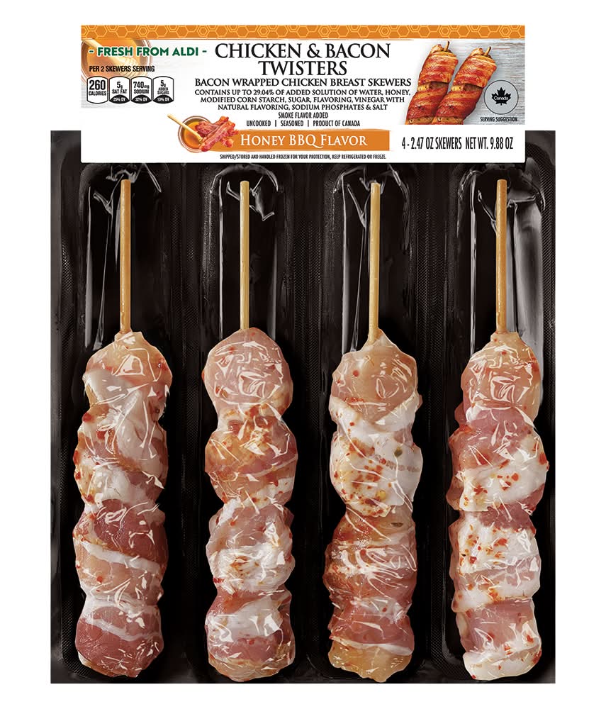 Aldi Bacon Wrapped Chicken Skewers, Honey Bbq (4 x 2.47 oz)