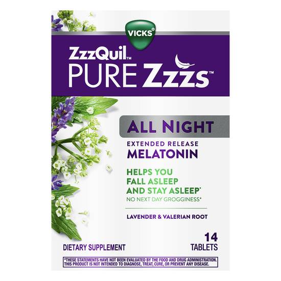 Vicks Zzzquil Pure Zzzs All Night Extended Release Lavender & Valerian Root Tablets (14 ct)