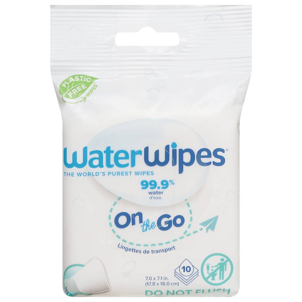 WaterWipes Plastic Free Original Unscented on the Go 99.9% Water Based Baby Wipes, 7 x 6.6" (10 ct)