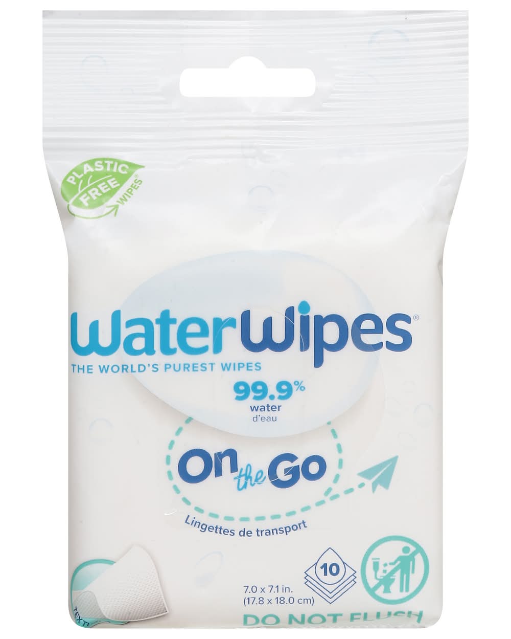 WaterWipes Plastic Free Original Unscented on the Go 99.9% Water Based Baby Wipes, 7 x 6.6" (10 ct)