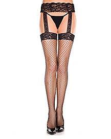 Black Lace Garter and Fishnet Stockings (Medium/Large)