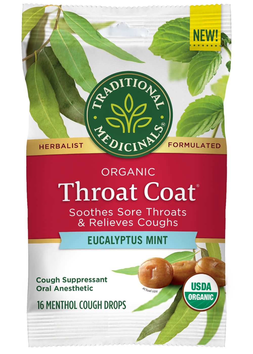 Traditional Medicinals Organic Throat Coat Eucalyptus Mint Drops (2.8 oz, 16 ct)
