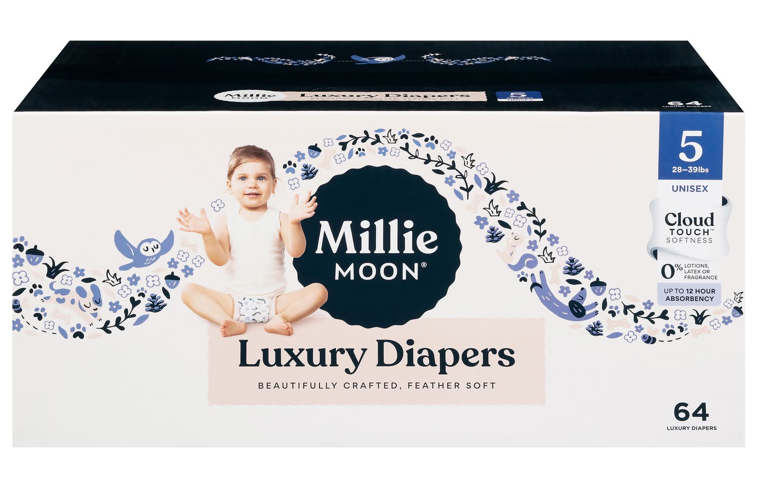 Millie Moon Cloud Touch Softness Luxury Disposable Baby Diapers, Unisex, Stage 5 (64 ct)