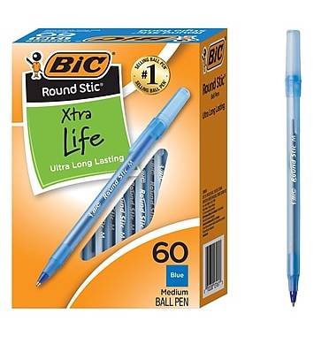 BIC Round Stic Xtra Life Ballpoint Pen, Medium Point, 1.0mm, Blue Ink, 60/Pack (GSM609BE)