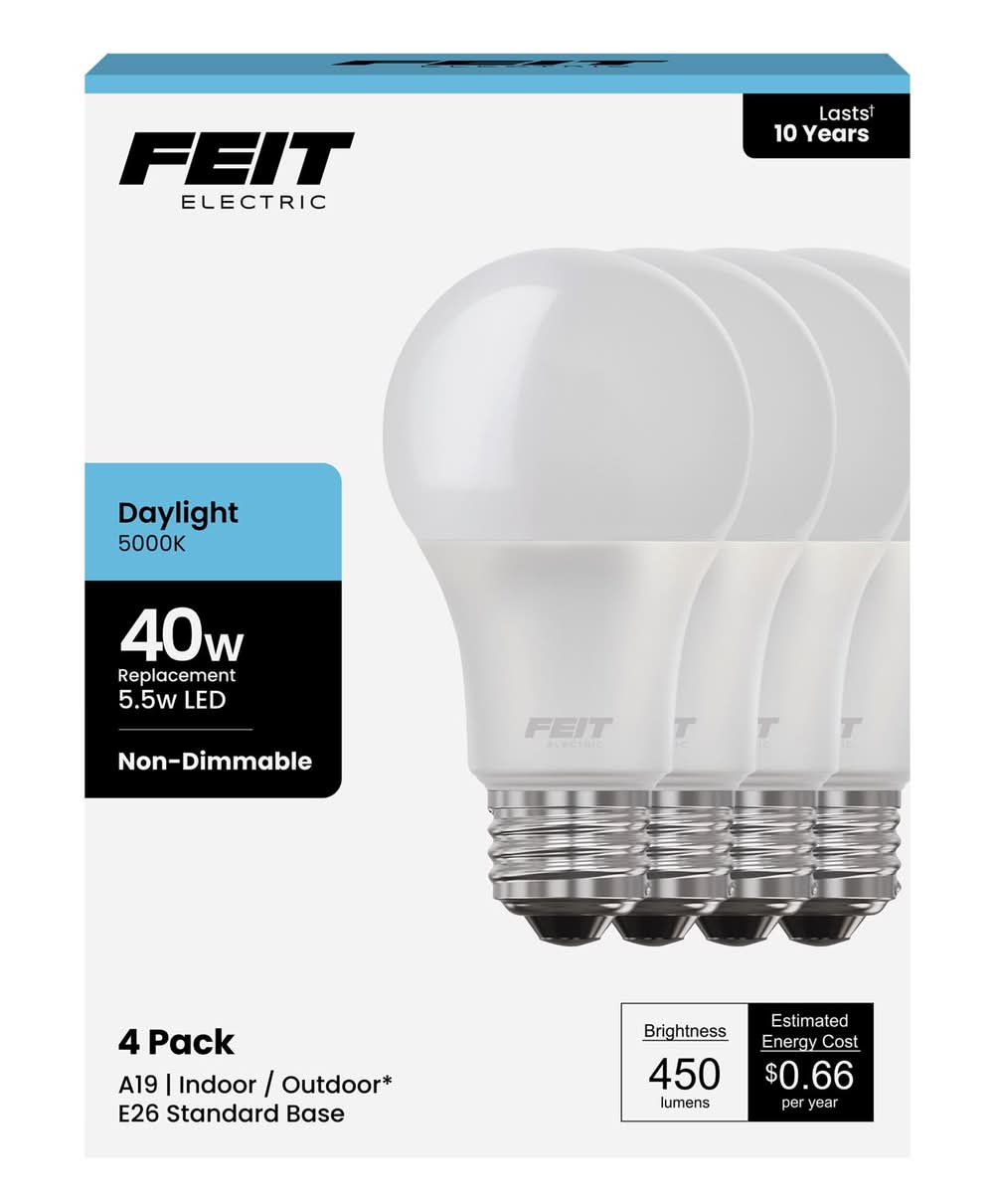 Feit A19 E26 (Medium) Led Bulb Daylight 40 Watt Equivalence 4 Pk