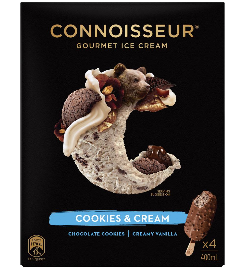Connoisseur Gourmet Ice Cream, Chocolate Cookies-Creamy Vanilla (400mL, 4 pack)