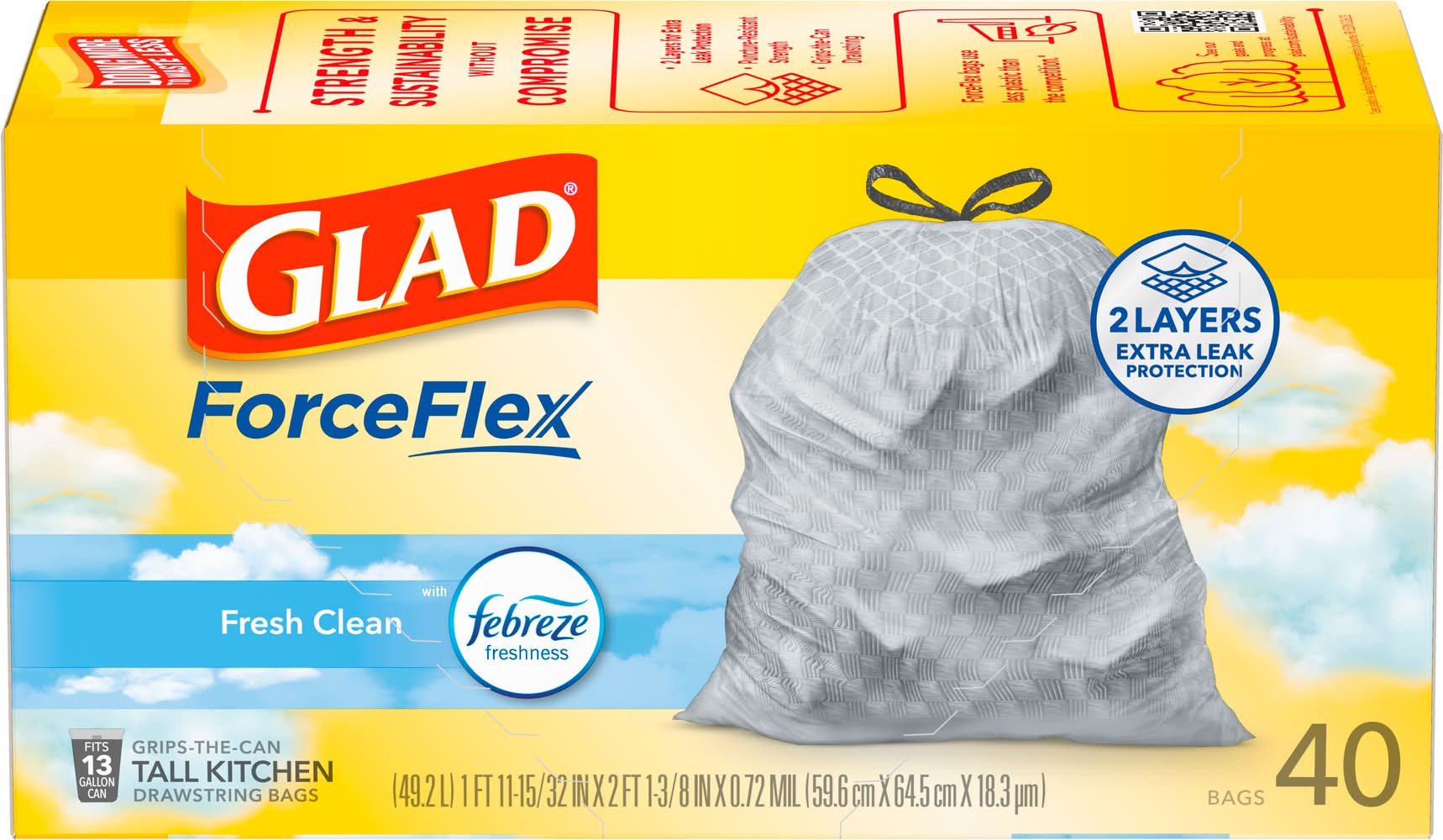 Glad Forceflex Tall Kitchen Drawstring Bags 13 Gallon, Fresh Clean, 59.6x64.5 cm x 18.3 pm, White (40 ct)