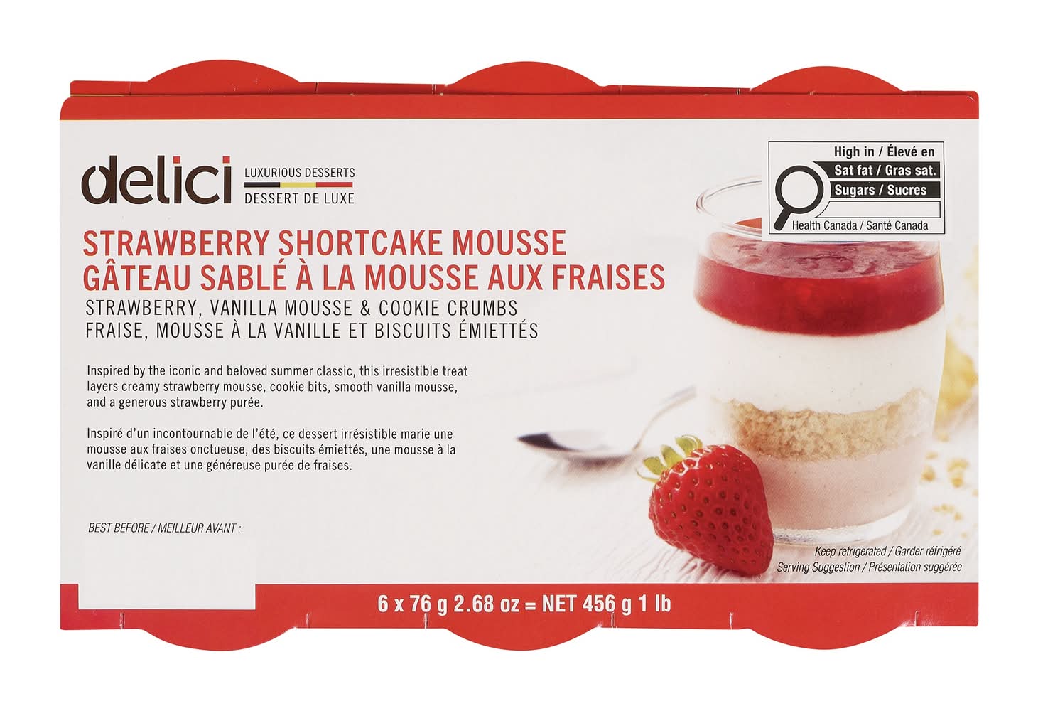Delici - Gâteau Sablé À La Mousse Aux Fraise, 6 X 76 G / Delici Strawberry Shortcake Mousse, 6 X 76 G