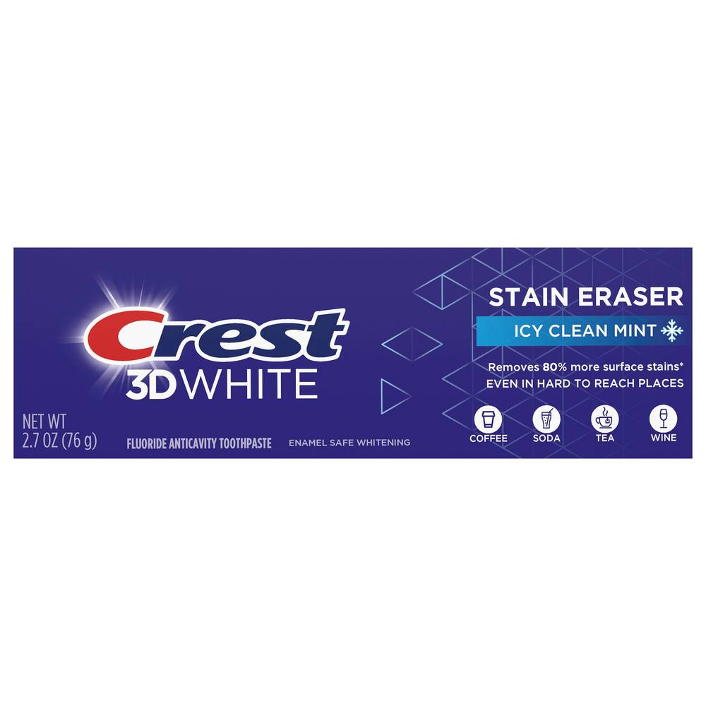 CREST 3D White Stain Eraser Teeth Whitening Toothpaste, Icy Clean Mint (2.7 oz)