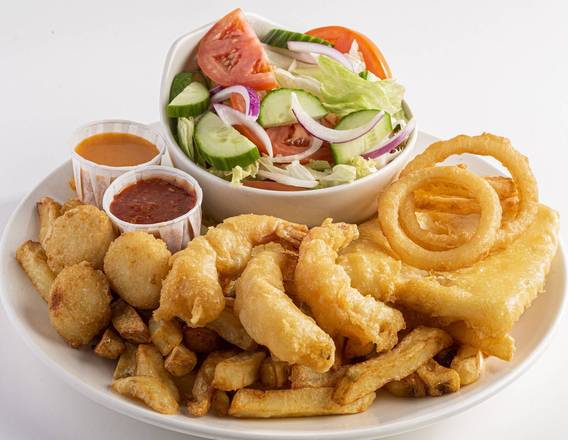 Halibut Fish and Chips, 3 Shrimps, 3 Scallops, Onion Rings, and Garden Salad