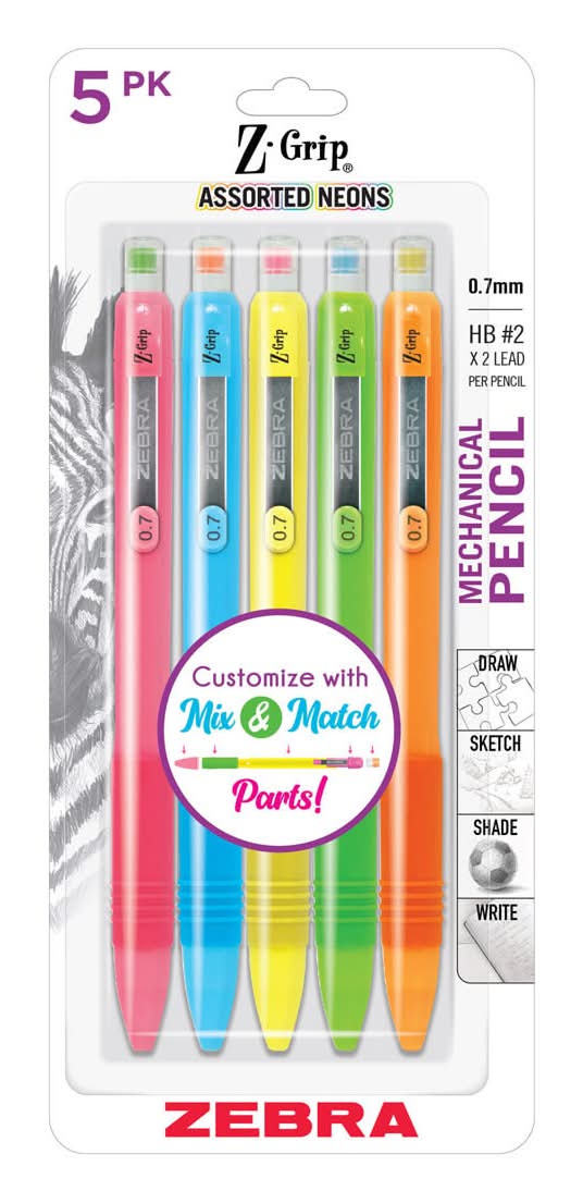 Zebra Z-Grip Assorted Neon Mechanical Pencils 0.7 Mm Hb #2 Lead 5 Pk