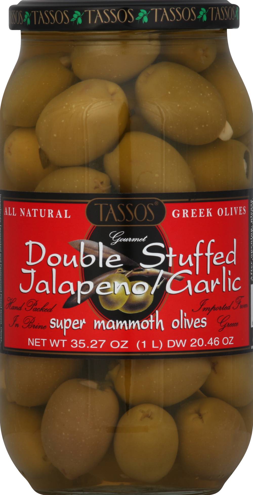 Tassos Double Stuffed Jalapeno Garlic Super Mammoth Olives (2.2 lbs)