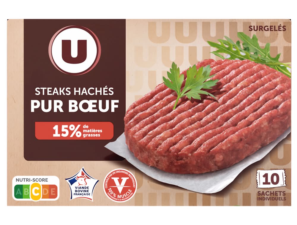 Les Produits U - Steaks hachés pur bœuf 15% m.g (10 x 100g)