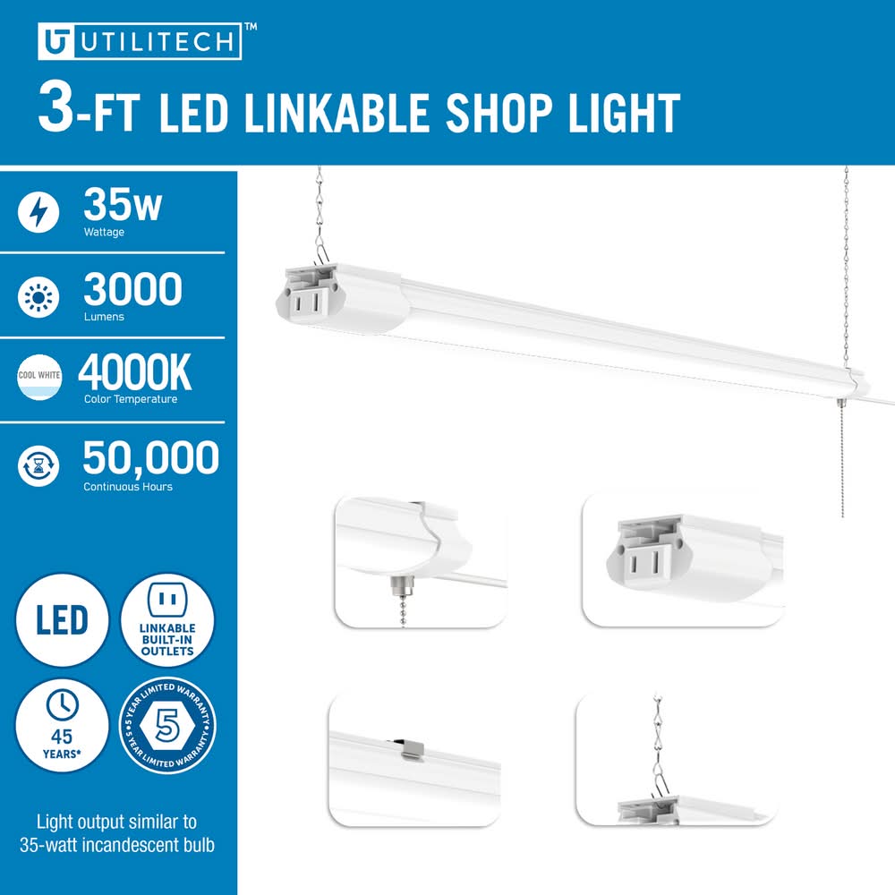 Utilitech 3-ft 7000 Lumens Aluminum Cool White LED Linear Garage Shop Light