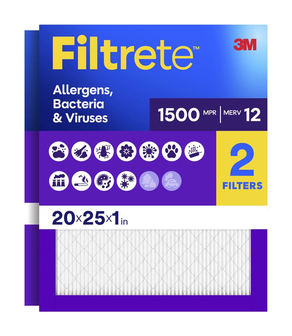 Filtrete 20 x 25 x 1 MERV 12 1500 MPR Allergen, Bacteria and Virus Electrostatic Pleated Air Filter 2 -Pack