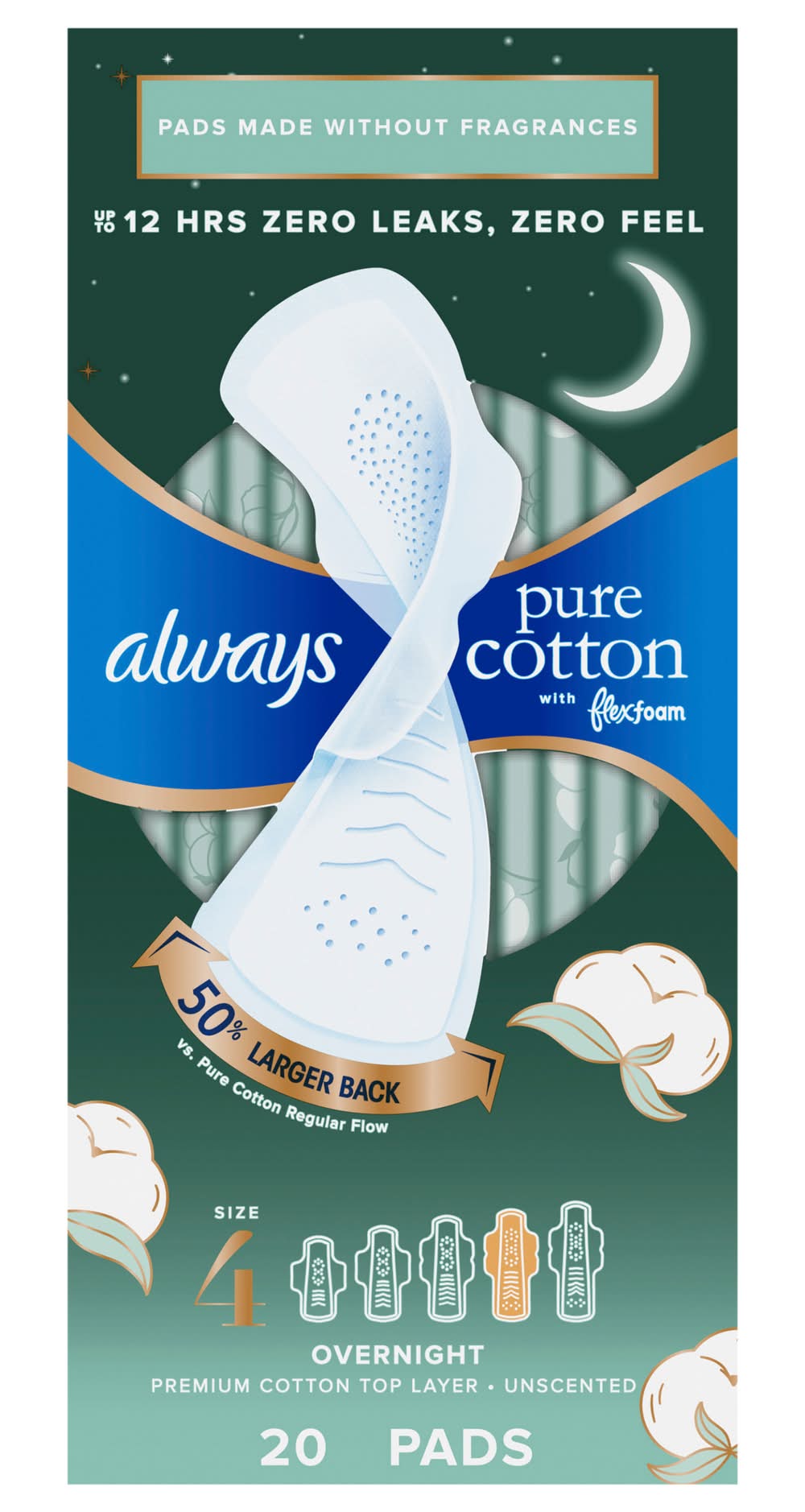 Always Pure Cotton With Flexfoam Overnight Absorbency Pads With Wings, 4 (20 ct)