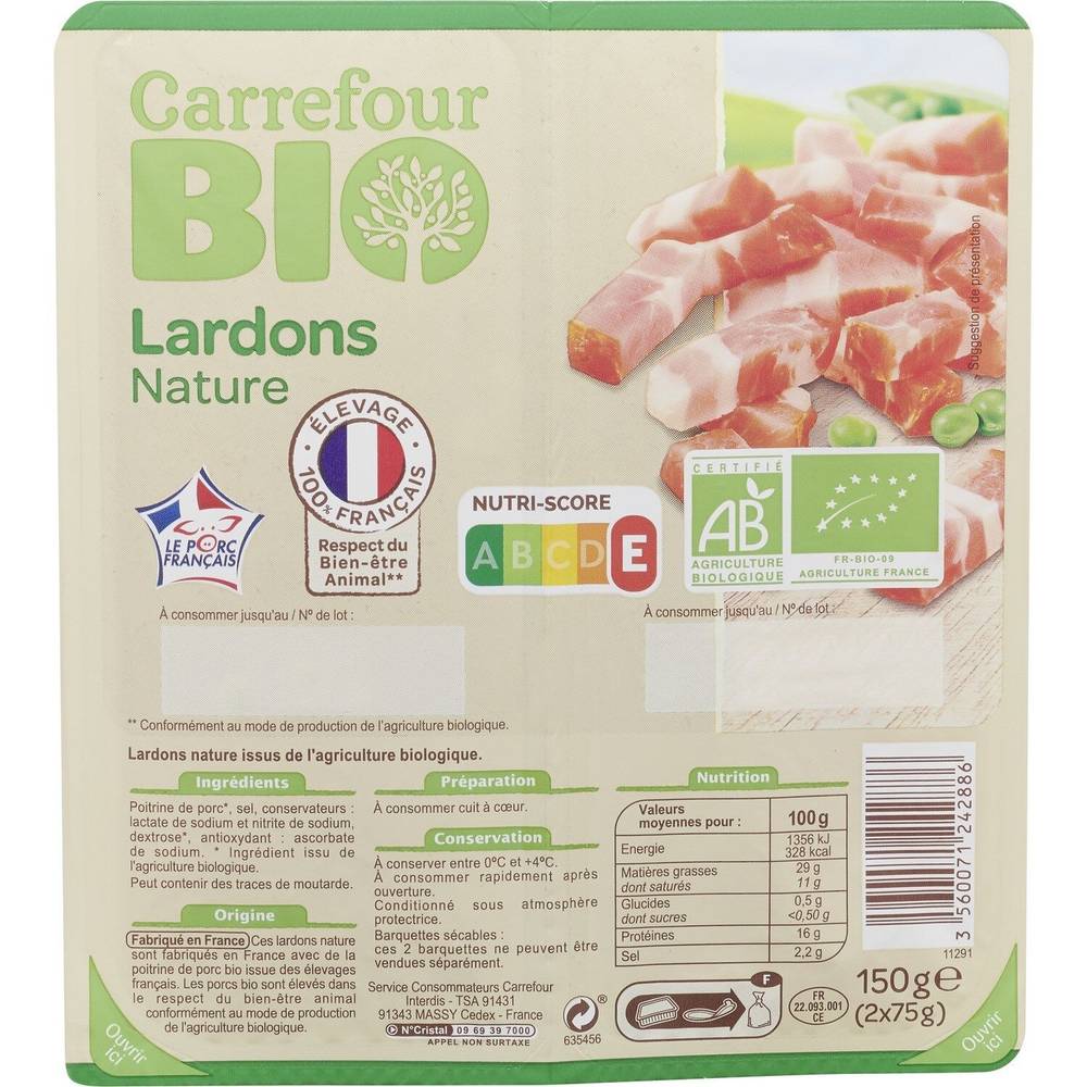 Carrefour Bio - Lardons nature (2 pièces)