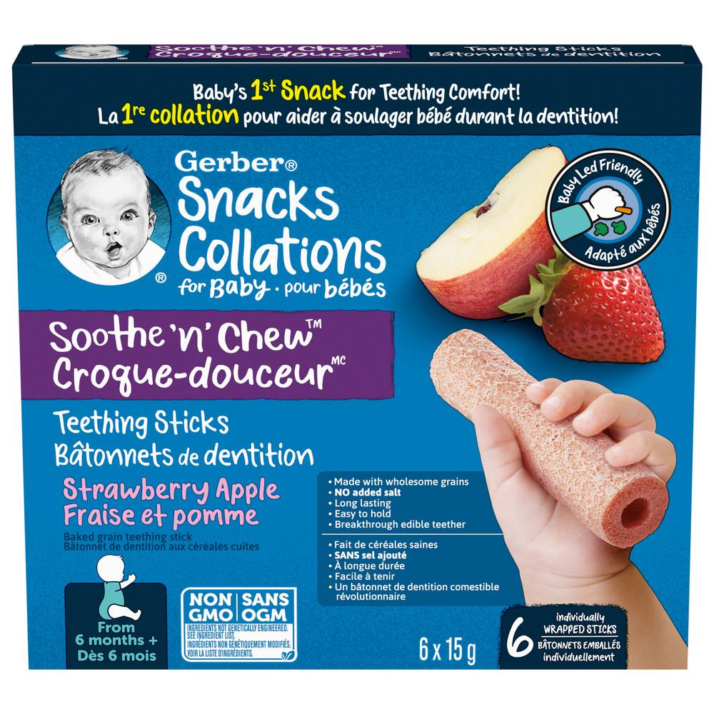 Gerber Soothe 'N' Chew Teething Sticks Snack Food For Baby, Strawberry Apple, 6 M+ (15 g, 6 ct)